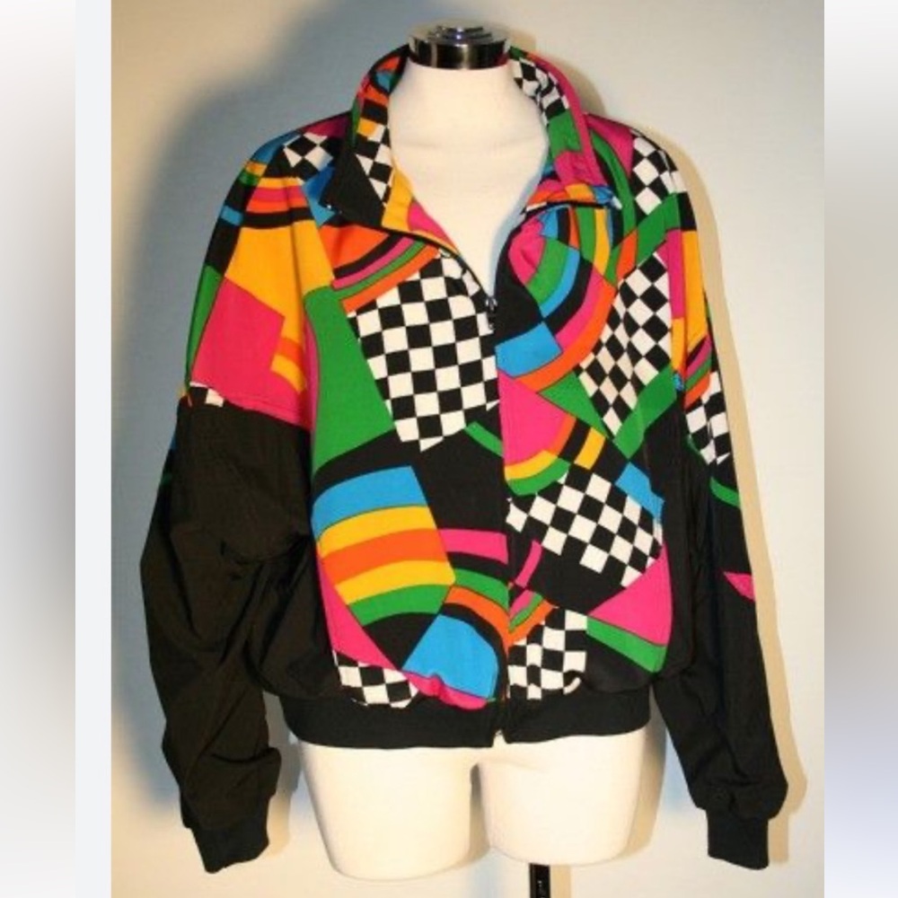 Tail Vintage 80s Tennis Zip Up Jacket Vibrant Neon Op Art Color Block Print - XS